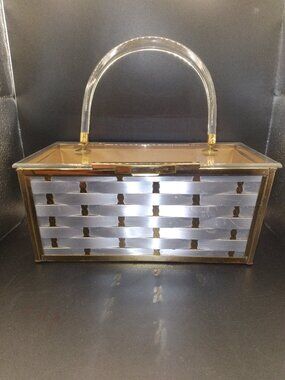 Vintage 1950's Silver Metal Weave Box Purse Lucite Handbag